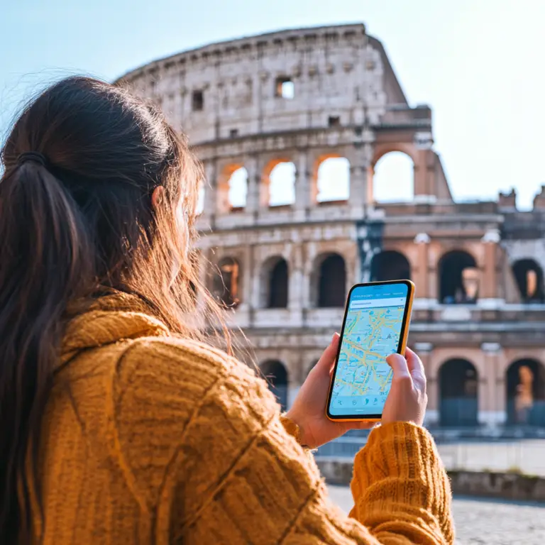 Mulher conectada a internet em frente ao Coliseu sem problemas com conexão pois comprou um Esim, economizando em sua viagem pela Itália