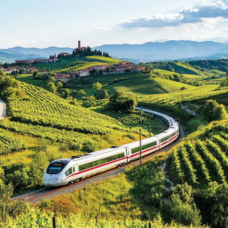 Trem de empresa Italiana representando viagens de trem onde se paga pouco para viajar pela Itália