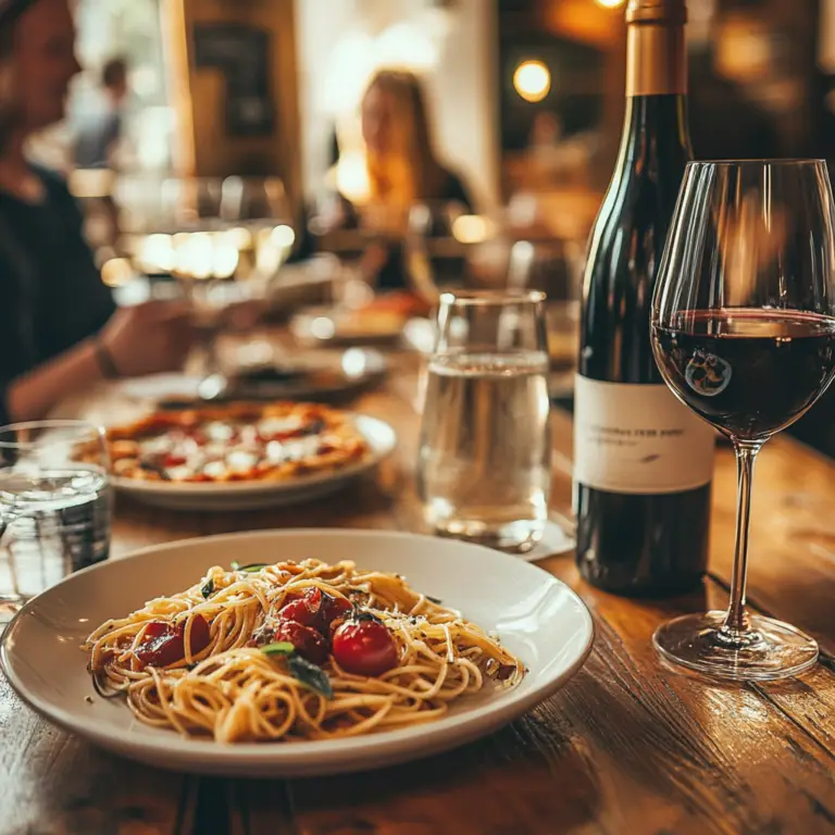 Pratos de comida e vinho representando osterias e trattorias onde se paga pouco para comer viajando pela Itália