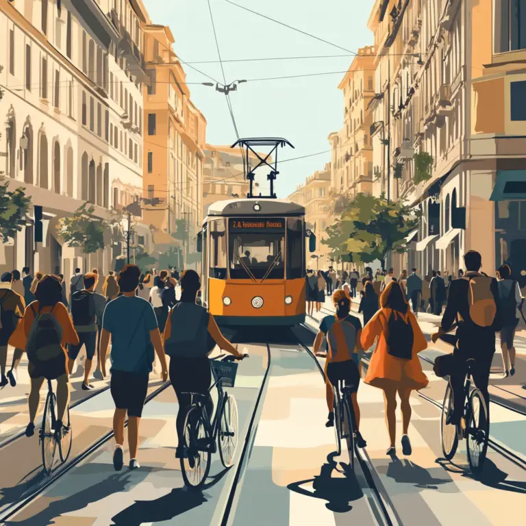 Bondinho e pessoas andando de bicicleta e a pé, assim economizando durante a viagem pela Itália