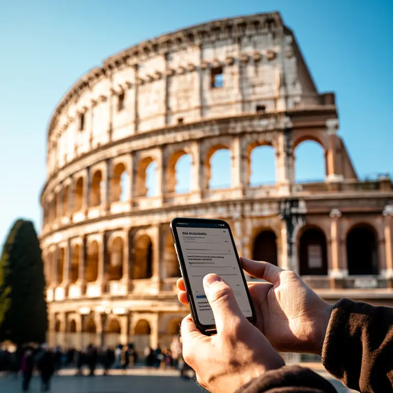 Pessoa mexendo no celular próximo ao Coliseu representando que comprou seu ingresso online representando como se pode economizar com isso viajando pela Itália