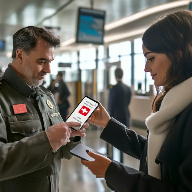Mulher entregando sua apólice de segura ao oficial no aeroporto, representado como viajar pela Itália gastando pouco com seu Seguro Viagem