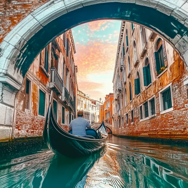 Homem navegando em uma Gondola nos canais venezianos durante viagem a Veneza