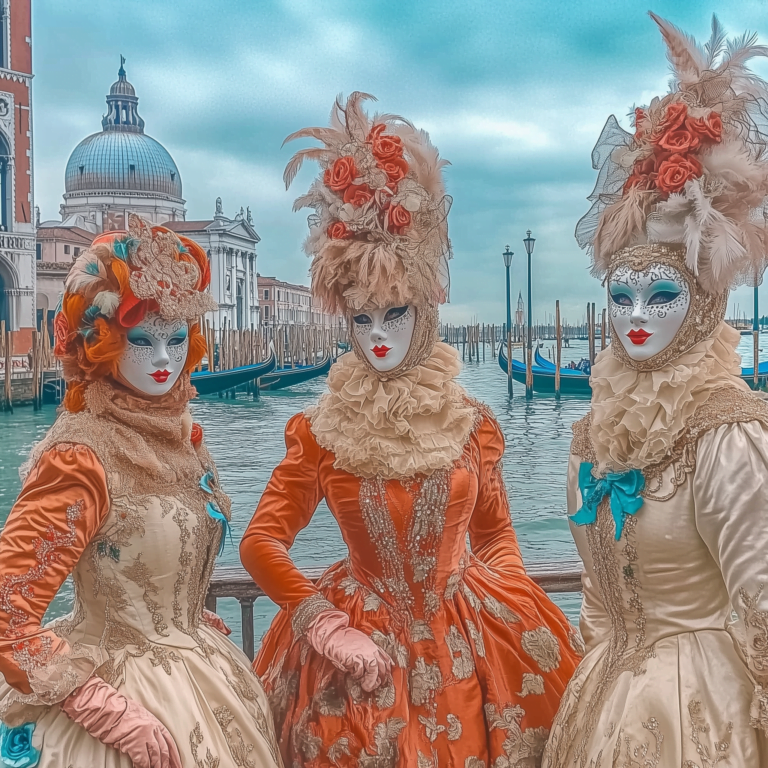 Três mulheres com fantasias típicas do carnaval veneziano