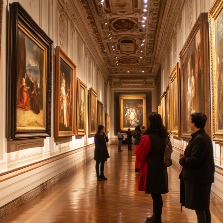 Corredor de um Museu com várias obras de arte penduradas na parede