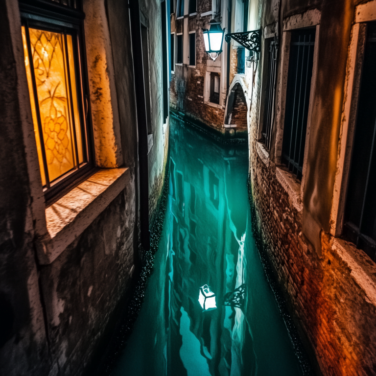 Canal veneziano a noite sendo iluminado por luminárias antigas