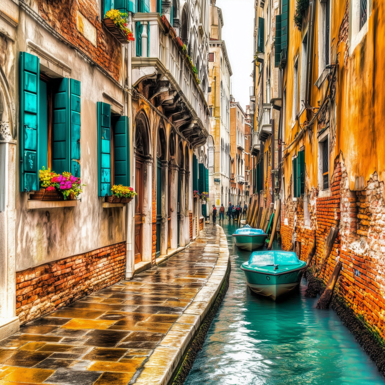 Pequena estrada com um canal veneziano ao lado com pequenos barcos típicos em viagem para Veneza