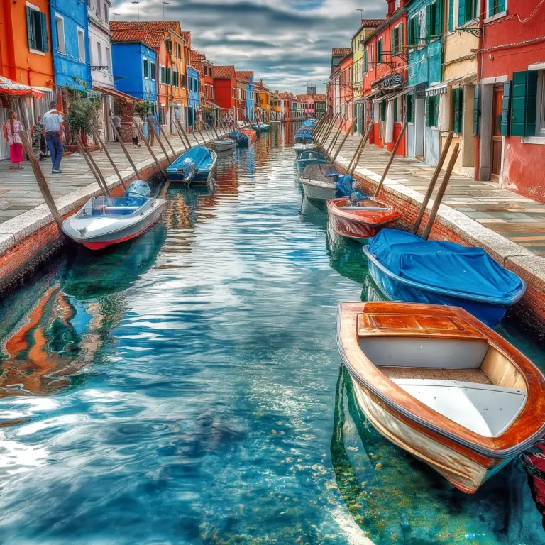 Estradas sendo divididas pelo canal veneziano com pequenos barcos atracados