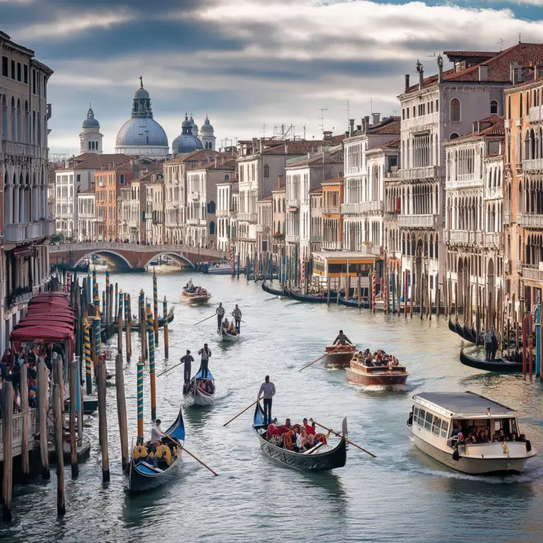 Vaporetto e barcos navegando no canal de veneza