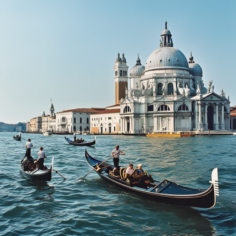 Gondolas navegando com a Basílica de Santa Maria della Salute ao fundo